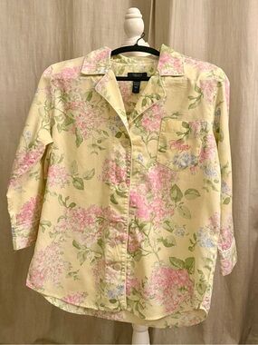 Chaps Pastel Floral Button-Front Pajama Top - Yellow Pink Green embroidered